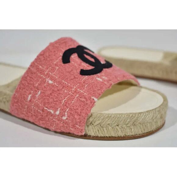 Chanel 20A Pink Tweed Black CC Logo Espadrille Slide Slip On Sandal Mule Flat 37 - Picture 5 of 12